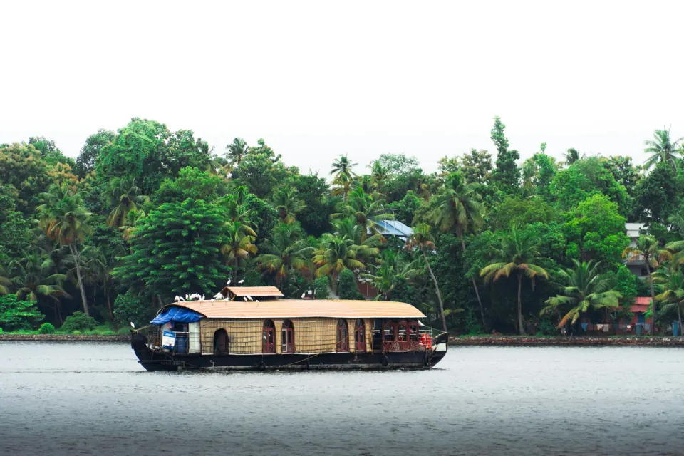 Traditional houseboat cruising the palm-lined Kerala backwaters